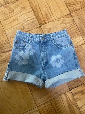 Zara Light Blue Denim Floral Bleach High-Rise Shorts